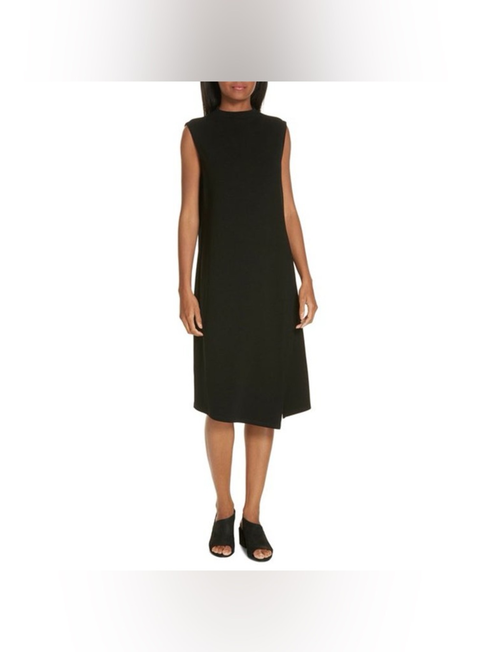 EILEEN FISHER - polished Black high neck dress with drapey asymmetrical hem. XS